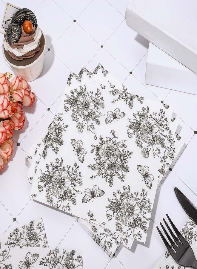 Whaline 100 Counts Floral Paper Napkins Black White Vintage Flower Disposable Napkins Sketched Decorative Luncheon Dinner Table Napkins for Spring Summer Birthday Party Supplies - Image 3